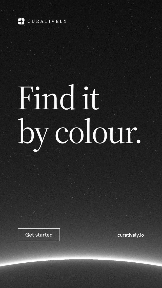 Instagram story for Curatively: "Find it by colour." Editorial style, poster layout, dark palette in black, grey.