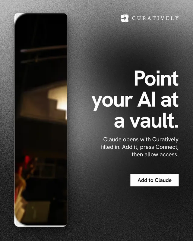 Instagram portrait post for Curatively: "Point your AI at a vault." Swiss style, right layout, dark palette in grey, black.