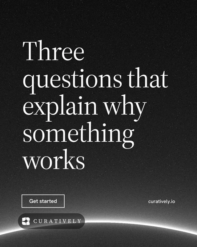 Instagram portrait post for Curatively: "Three questions that explain why something works". Editorial style, poster layout, dark palette in black, grey.