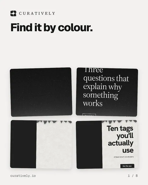 Carousel for Curatively: "Find it by colour.". Collection carousel, 8 slides, light palette.