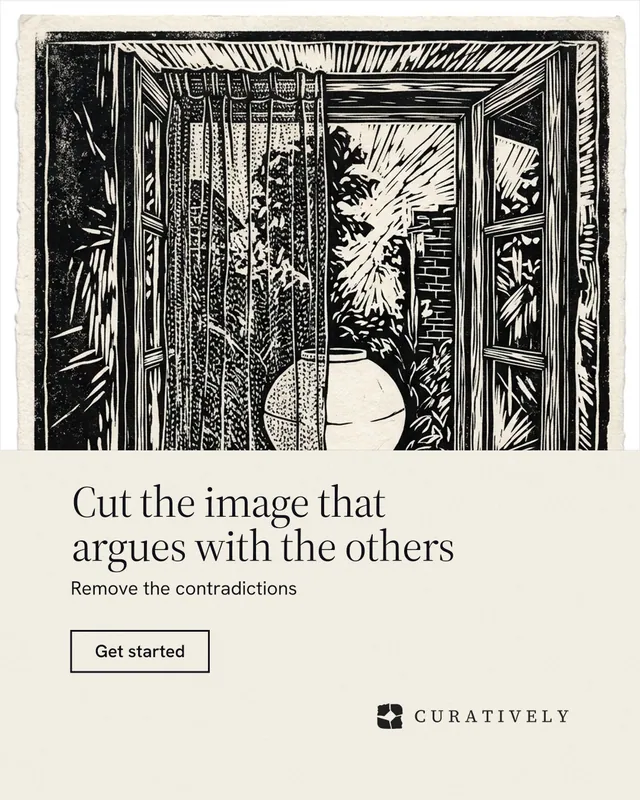 Instagram portrait post for Curatively: "Cut the image that argues with the others". Editorial style, bottom layout, light palette in yellow, black, grey.