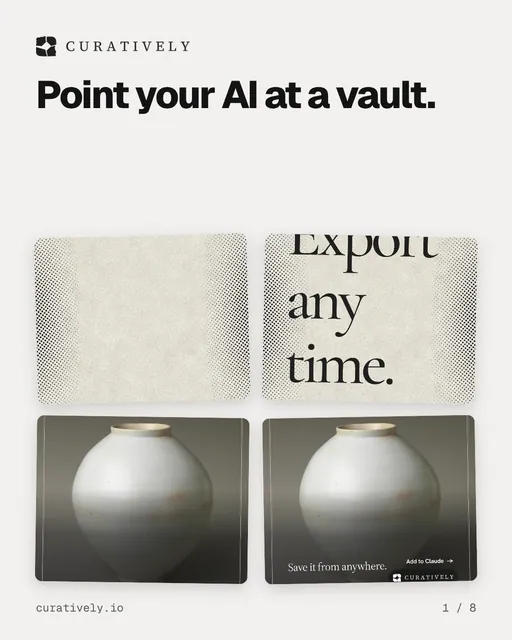 Carousel for Curatively: "Point your AI at a vault.". Collection carousel, 8 slides, light palette.