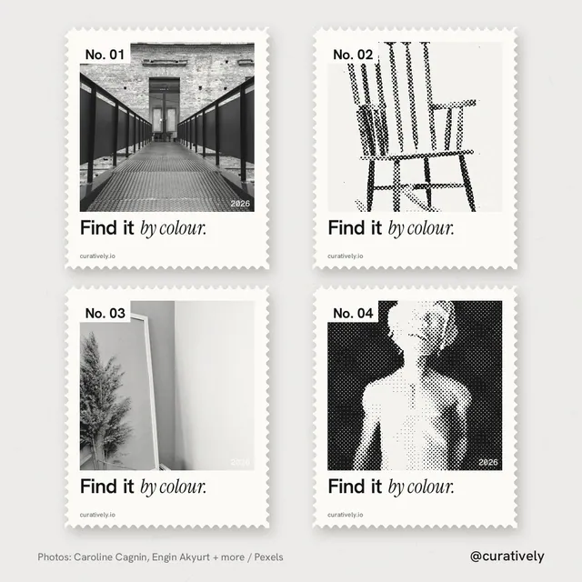 Instagram post for Curatively: "Find it by colour." Sheet style, technique:stamp series layout, light palette in white, grey.