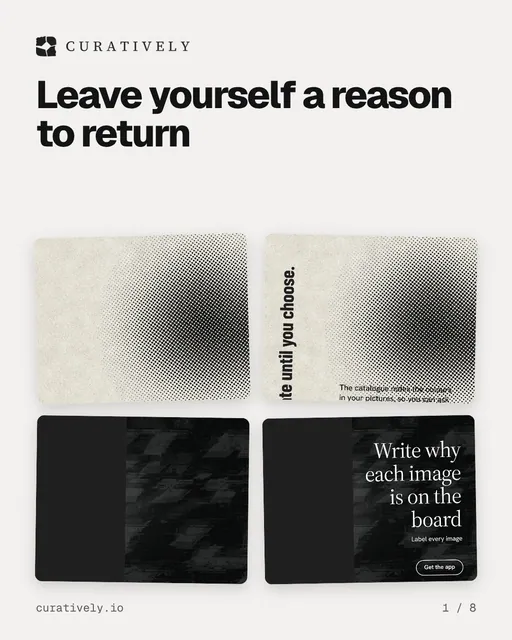 Carousel for Curatively: "Leave yourself a reason to return". Collection carousel, 8 slides, light palette.