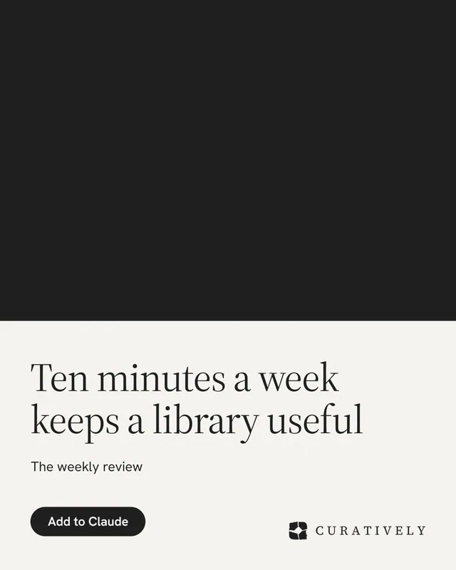 Instagram portrait post for Curatively: "Ten minutes a week keeps a library useful". Data card style, bottom layout, light palette in black, white.