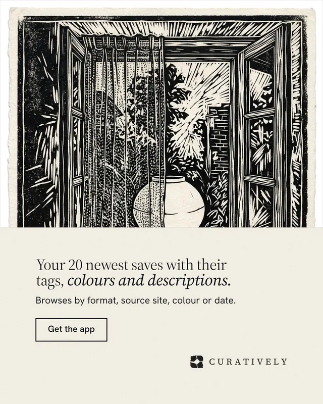 Instagram portrait post for Curatively: "Your 20 newest saves with their tags, colours and descriptions." Editorial style, bottom layout, light palette in yellow, black, grey.