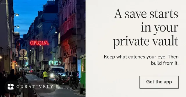 Social ad for Curatively: "A save starts in your private vault". Editorial style, right layout, light palette in purple, white, blue.