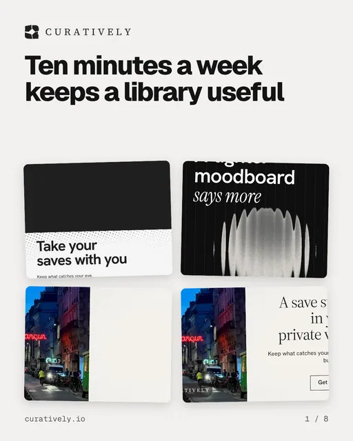 Carousel for Curatively: "Ten minutes a week keeps a library useful". Collection carousel, 8 slides, light palette.