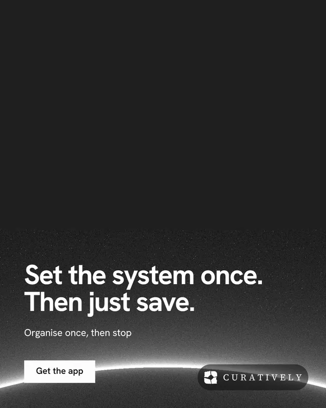 Instagram portrait post for Curatively: "Set the system once. Then just save." Swiss style, bottom layout, dark palette in black, grey.