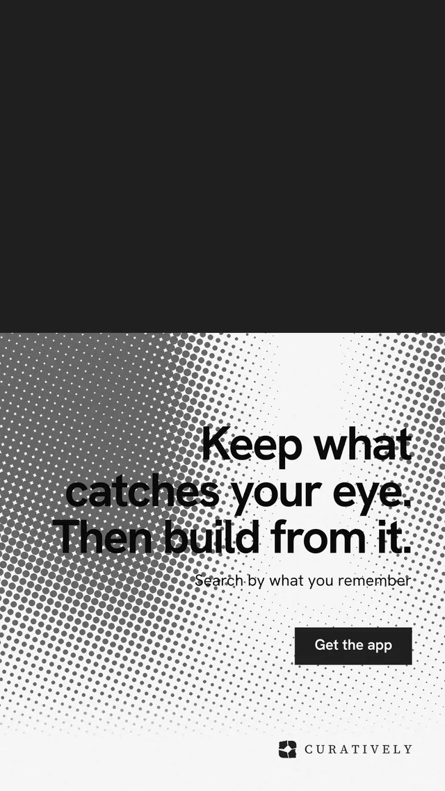 Instagram story for Curatively: "Keep what catches your eye. Then build from it." Swiss style, right layout, light palette in black, white, grey.