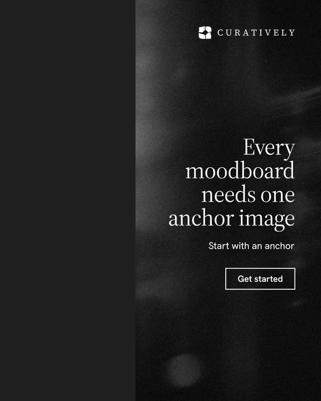 Instagram portrait post for Curatively: "Every moodboard needs one anchor image". Dark deco style, right layout, dark palette in black, grey.
