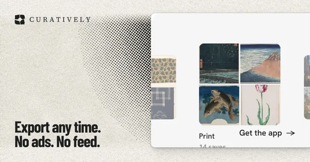 Social ad for Curatively: "Export any time. No ads. No feed." Ink sticker style, image led layout, light palette in yellow, white, grey.