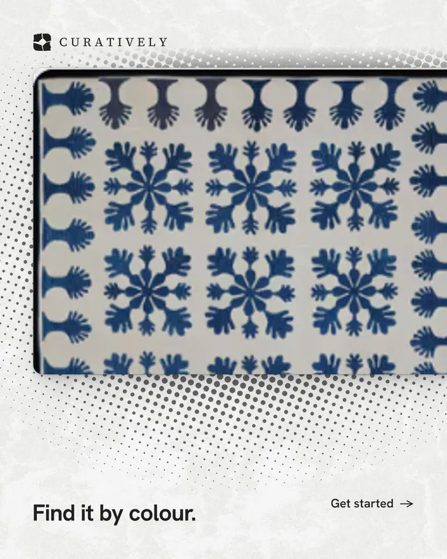 Instagram portrait post for Curatively: "Find it by colour." Swiss style, image led layout, light palette in grey, blue, white.