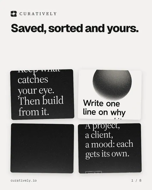 Carousel for Curatively: "Saved, sorted and yours.". Collection carousel, 8 slides, light palette.