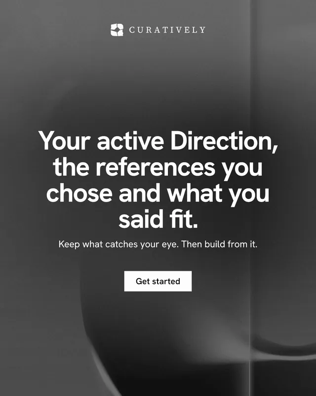 Instagram portrait post for Curatively: "Your active Direction, the references you chose and what you said fit." Swiss style, centred layout, dark palette in black, grey.