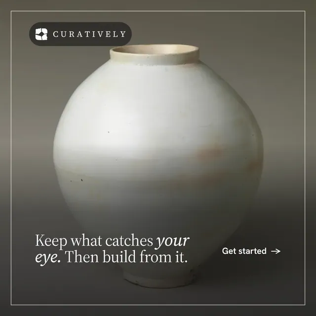 Instagram post for Curatively: "Keep what catches your eye. Then build from it." Editorial style, image led layout, dark palette in grey, black, white.