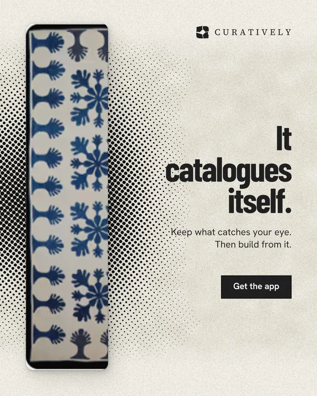 Instagram portrait post for Curatively: "It catalogues itself." Ink sticker style, right layout, light palette in yellow, grey.