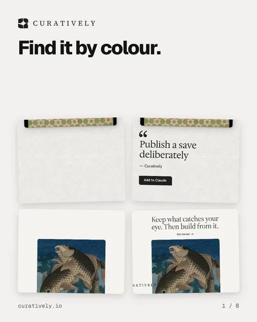 Carousel for Curatively: "Find it by colour.". Collection carousel, 8 slides, light palette.
