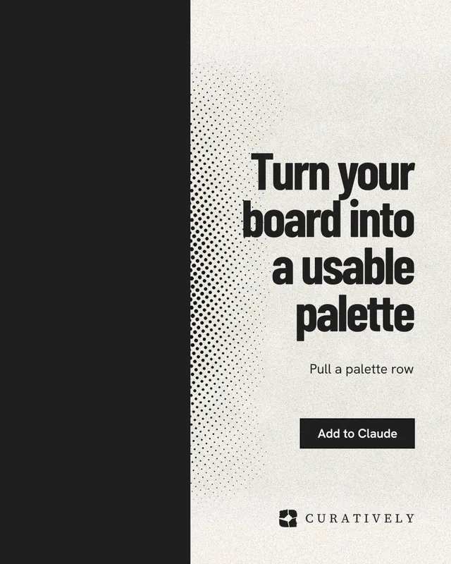Instagram portrait post for Curatively: "Turn your board into a usable palette". Ink sticker style, right layout, light palette in black, yellow, white.