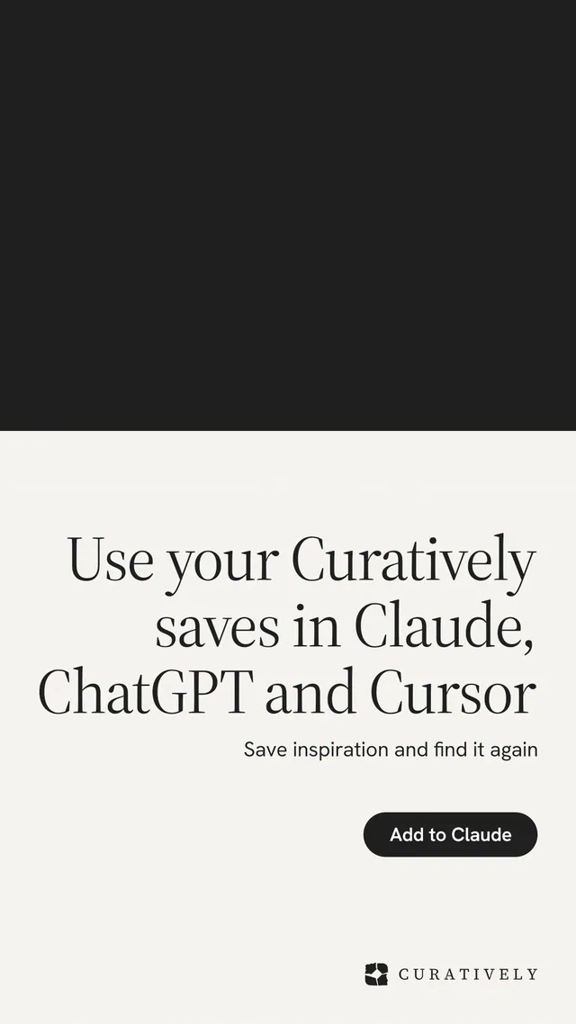 Instagram story for Curatively: "Use your Curatively saves in Claude, ChatGPT and Cursor". Data card style, right layout, light palette in black, white.