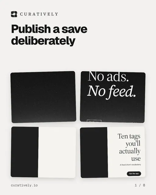 Carousel for Curatively: "Publish a save deliberately". Collection carousel, 8 slides, light palette.