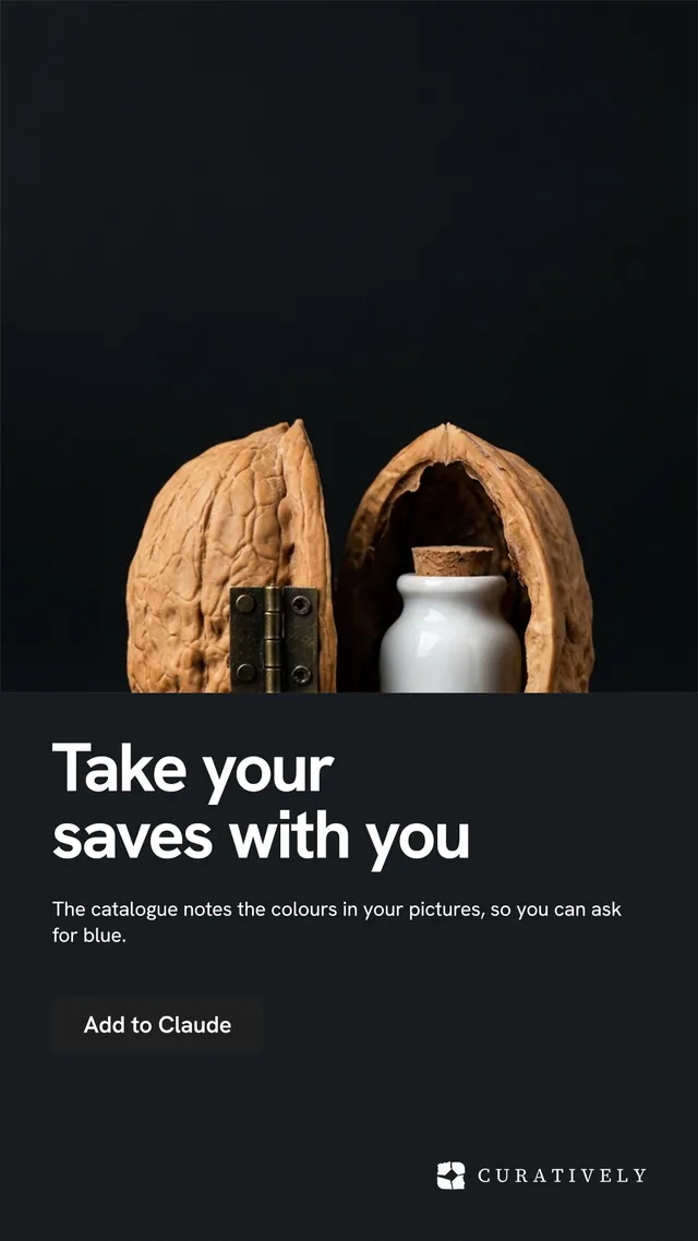 Instagram story for Curatively: "Take your saves with you". Swiss style, bottom layout, dark palette in black, grey.