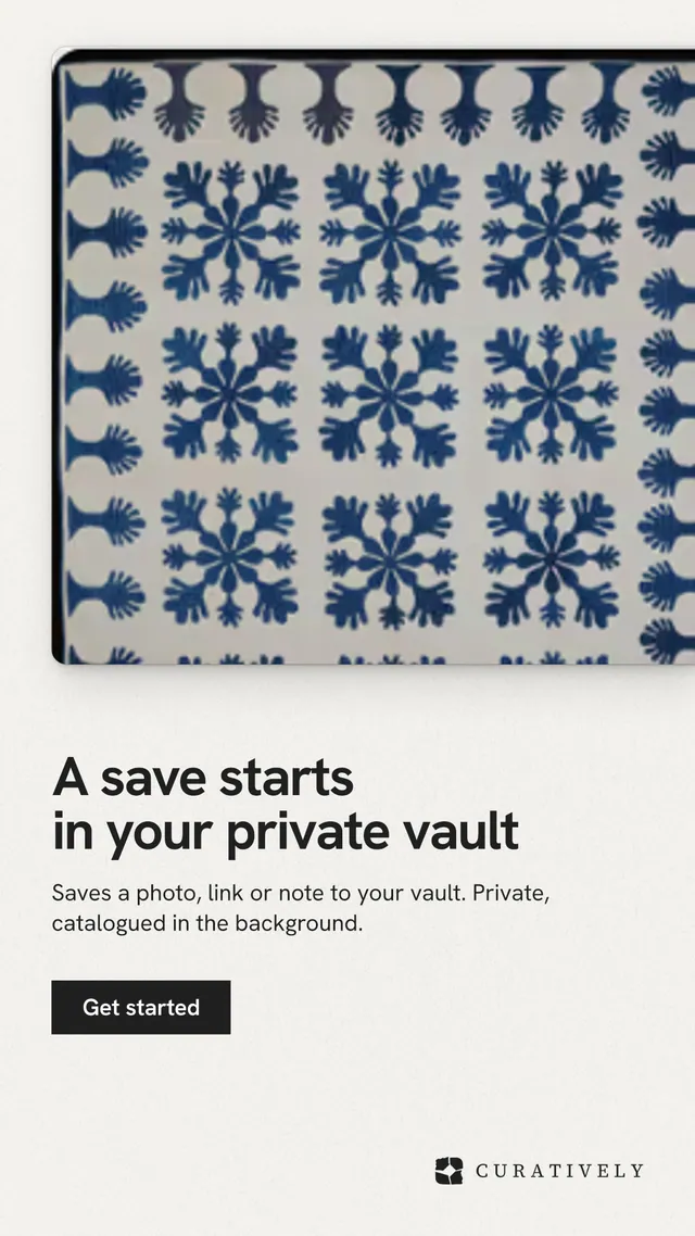 Instagram story for Curatively: "A save starts in your private vault". Swiss style, bottom layout, light palette in grey, white.