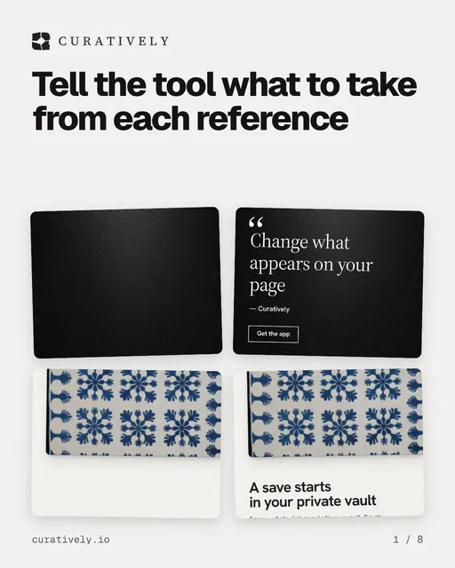 Carousel for Curatively: "Tell the tool what to take from each reference". Collection carousel, 8 slides, light palette.