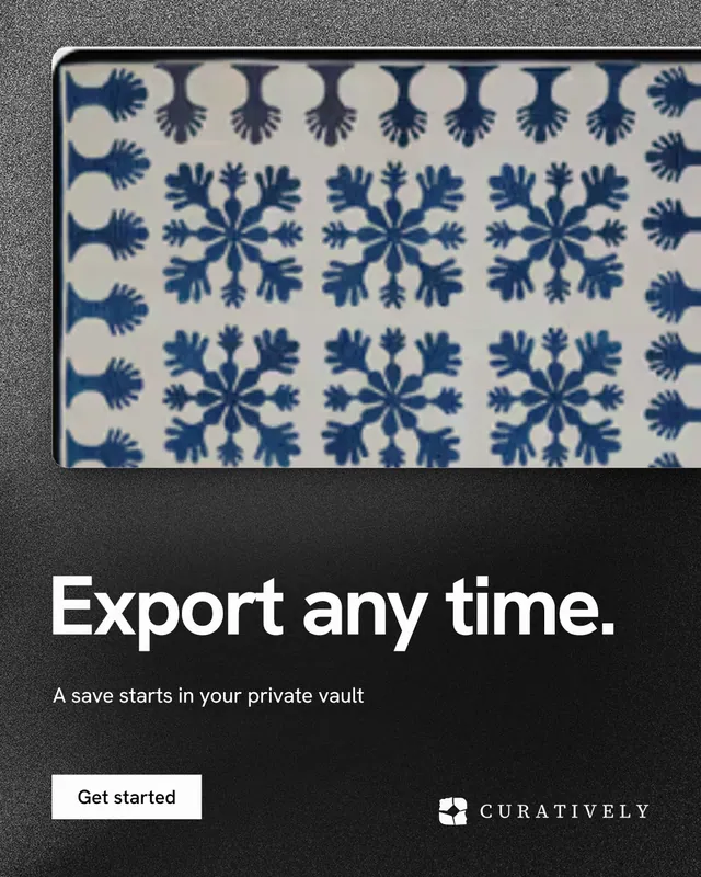 Instagram portrait post for Curatively: "Export any time." Swiss style, bottom layout, dark palette in black, grey.