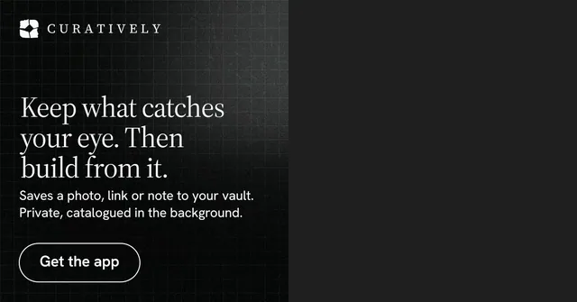 Social ad for Curatively: "Keep what catches your eye. Then build from it." Phosphor atlas style, bottom layout, dark palette in black.