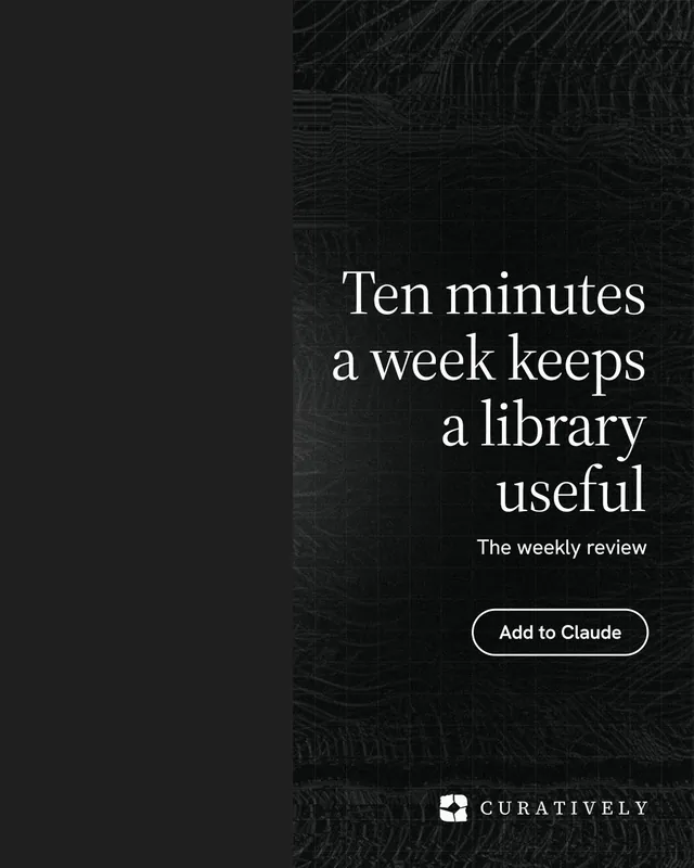 Instagram portrait post for Curatively: "Ten minutes a week keeps a library useful". Phosphor atlas style, right layout, dark palette in black.