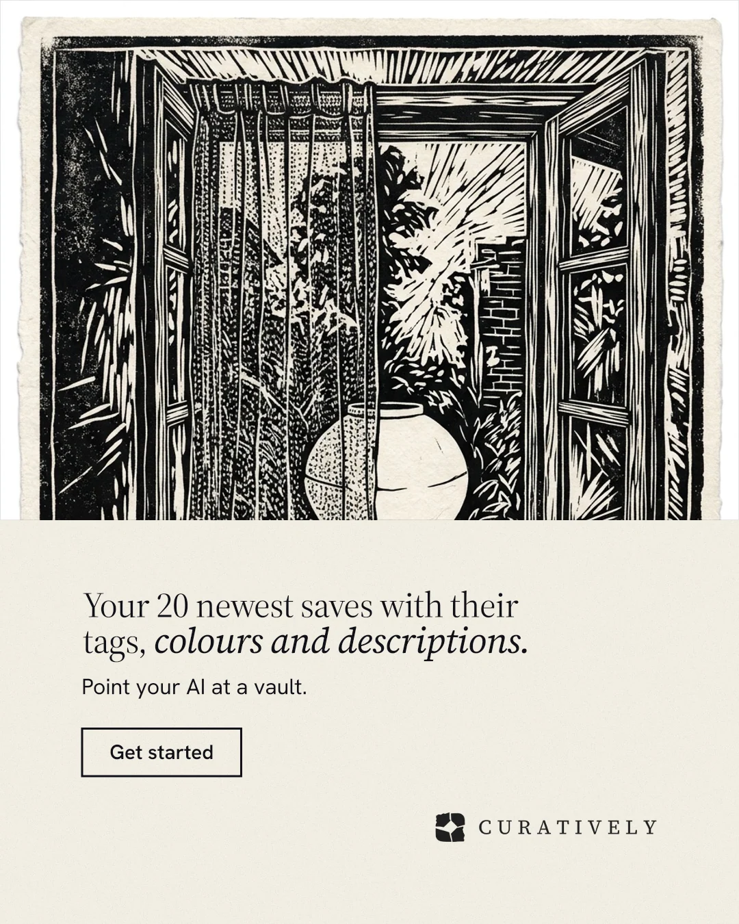 Instagram portrait post for Curatively: "Your 20 newest saves with their tags, colours and descriptions." Editorial style, bottom layout, light palette in yellow, black, grey.