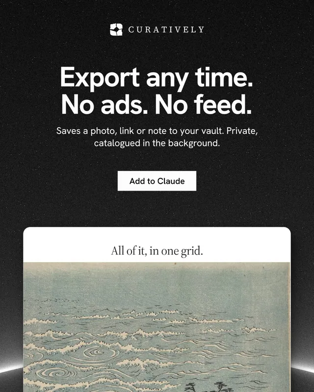 Instagram portrait post for Curatively: "Export any time. No ads. No feed." Swiss style, centred layout, dark palette in black, grey, white.