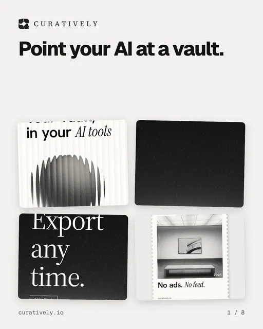 Carousel for Curatively: "Point your AI at a vault.". Collection carousel, 8 slides, light palette.