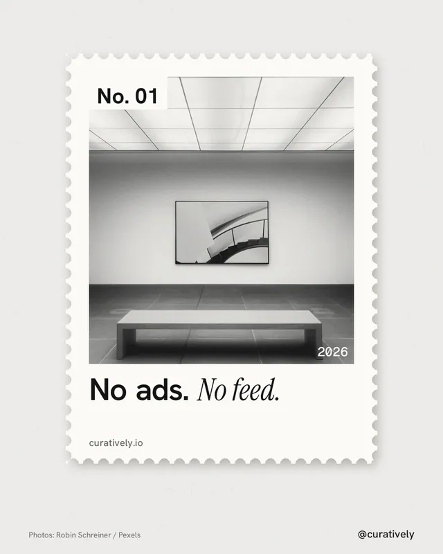 Instagram portrait post for Curatively: "No ads. No feed." Single style, technique:stamp series layout, light palette in white, grey.
