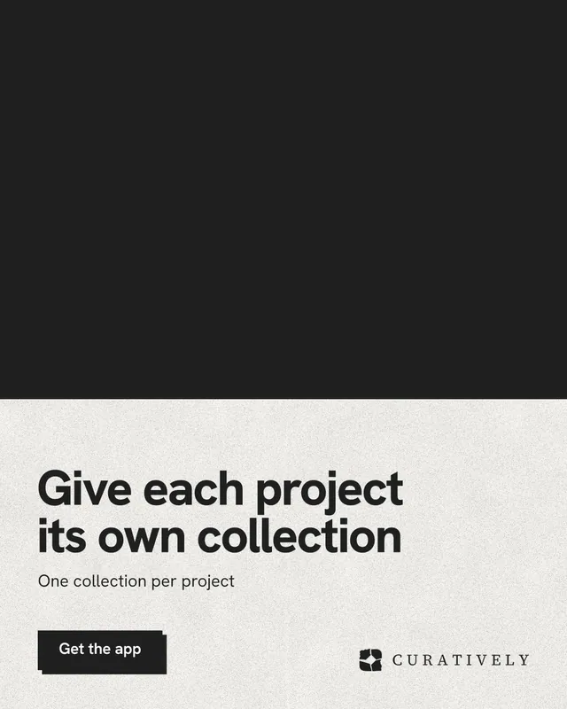 Instagram portrait post for Curatively: "Give each project its own collection". Paper trio style, bottom layout, light palette in black, white.
