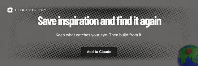 X header for Curatively: "Save inspiration and find it again". Ink sticker style, centred layout, dark palette in grey, black.