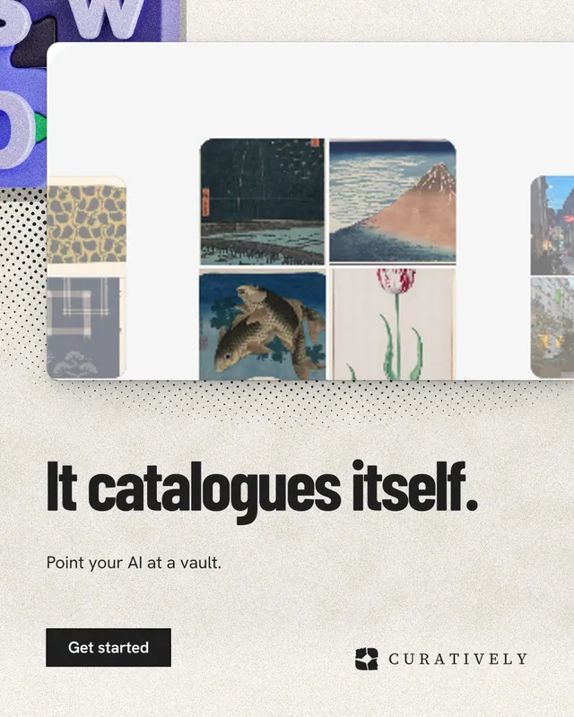 Instagram portrait post for Curatively: "It catalogues itself." Ink sticker style, bottom layout, light palette in yellow, grey, white.