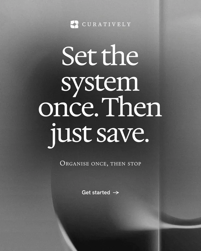 Instagram portrait post for Curatively: "Set the system once. Then just save." Swiss style, smallcaps layout, dark palette in grey, black.