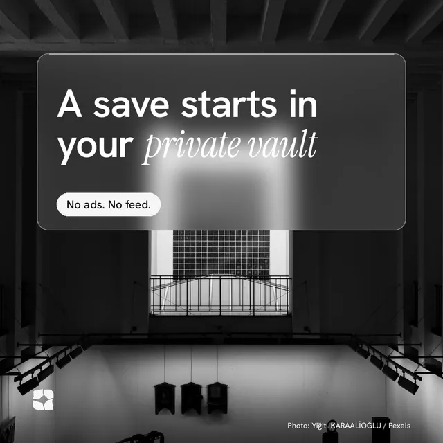 Instagram post for Curatively: "A save starts in your private vault". Glass style, technique:pexels ingredient layout, dark palette in black, grey.