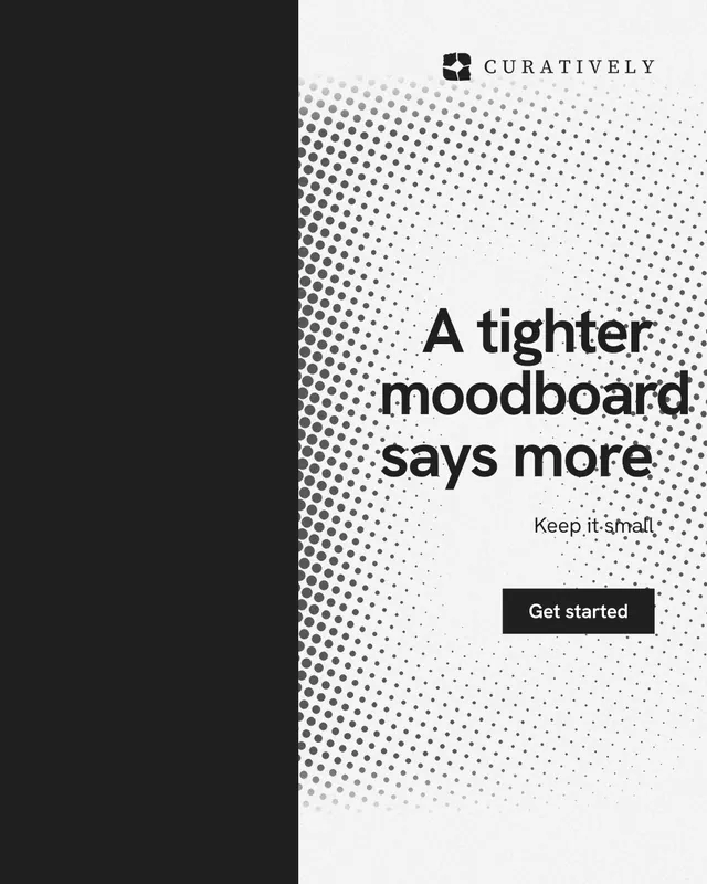 Instagram portrait post for Curatively: "A tighter moodboard says more". Swiss style, right layout, light palette in black, white.