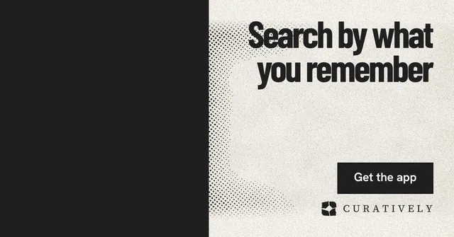 Social ad for Curatively: "Search by what you remember". Ink sticker style, right layout, light palette in black, yellow, grey.