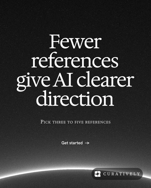 Instagram portrait post for Curatively: "Fewer references give AI clearer direction". Swiss style, smallcaps layout, dark palette in black, grey.