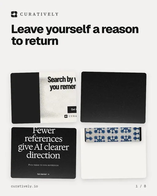 Carousel for Curatively: "Leave yourself a reason to return". Collection carousel, 8 slides, light palette.