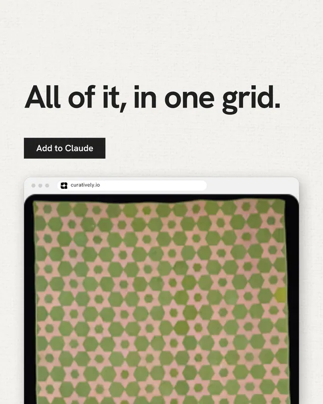 Instagram portrait post for Curatively: "All of it, in one grid." Swiss style, browser layout, light palette in orange, white, yellow.