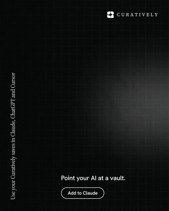 Instagram portrait post for Curatively: "Use your Curatively saves in Claude, ChatGPT and Cursor". Phosphor atlas style, vertical layout, dark palette in black.