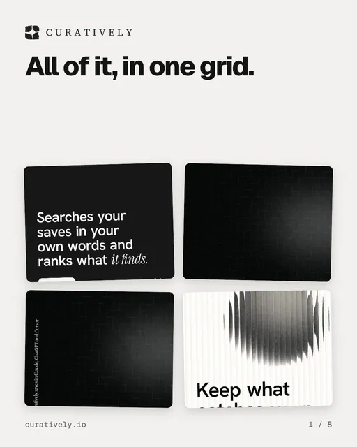 Carousel for Curatively: "All of it, in one grid.". Collection carousel, 8 slides, light palette.