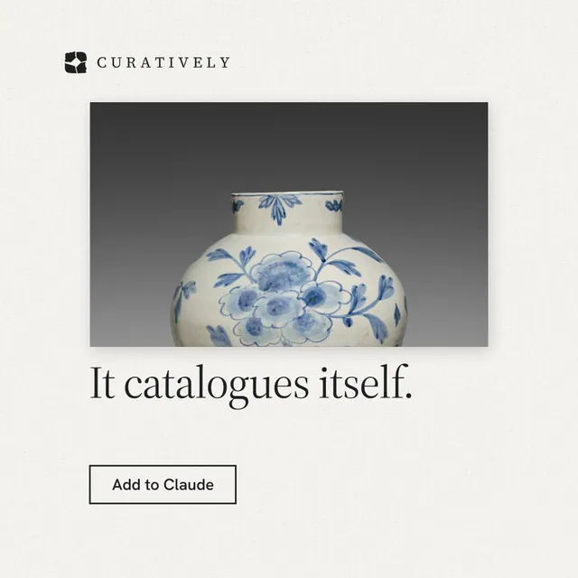 Instagram post for Curatively: "It catalogues itself." Editorial style, bottom layout, light palette in white, grey.