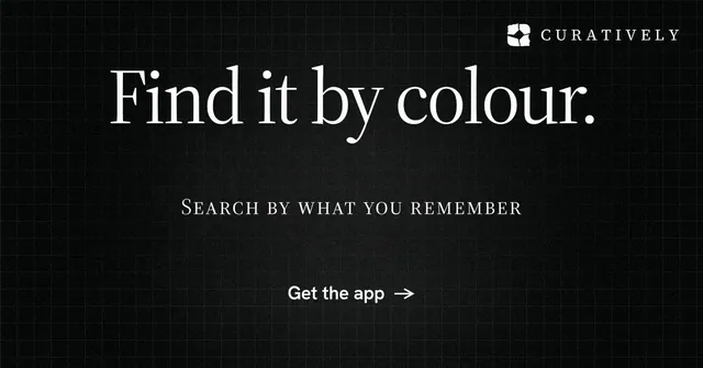 Social ad for Curatively: "Find it by colour." Phosphor atlas style, smallcaps layout, dark palette in black.