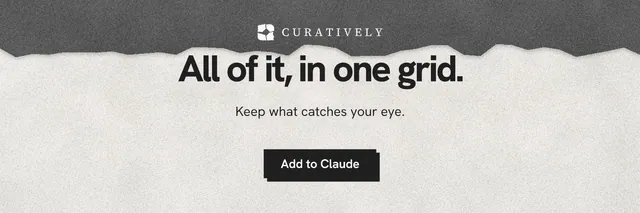 X header for Curatively: "All of it, in one grid." Paper trio style, centred layout, light palette in grey, white.
